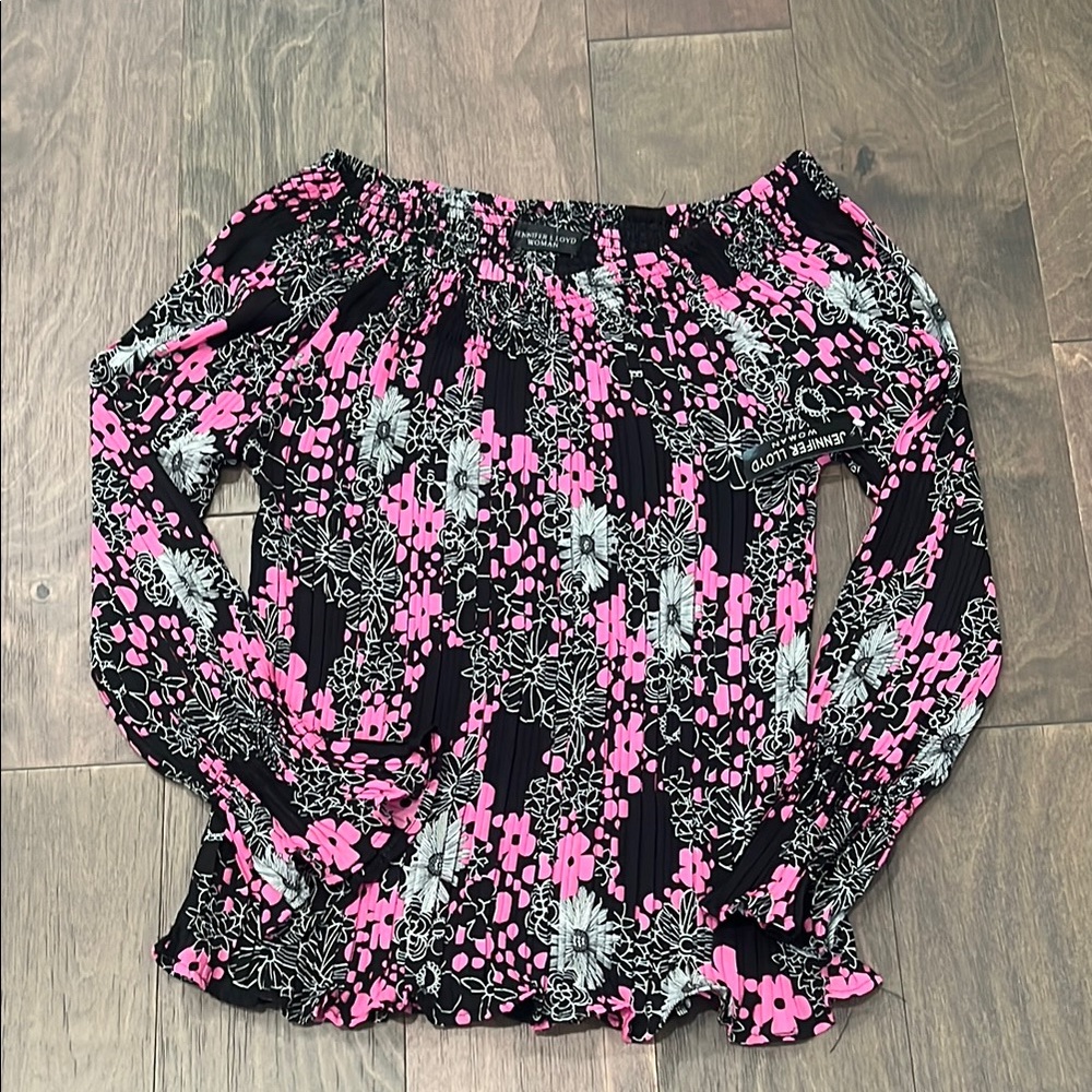 Jennifer Lloyd Pink and Black Smocked Ruffled Blouse
